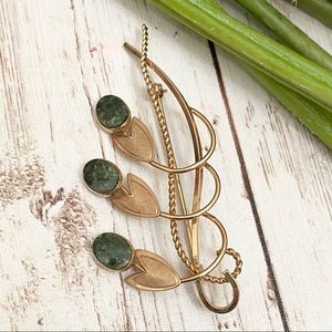 Vintage VD Signed 12K GF Gold Vermeil Flower Bell Drop Jade Green Stone Brooch